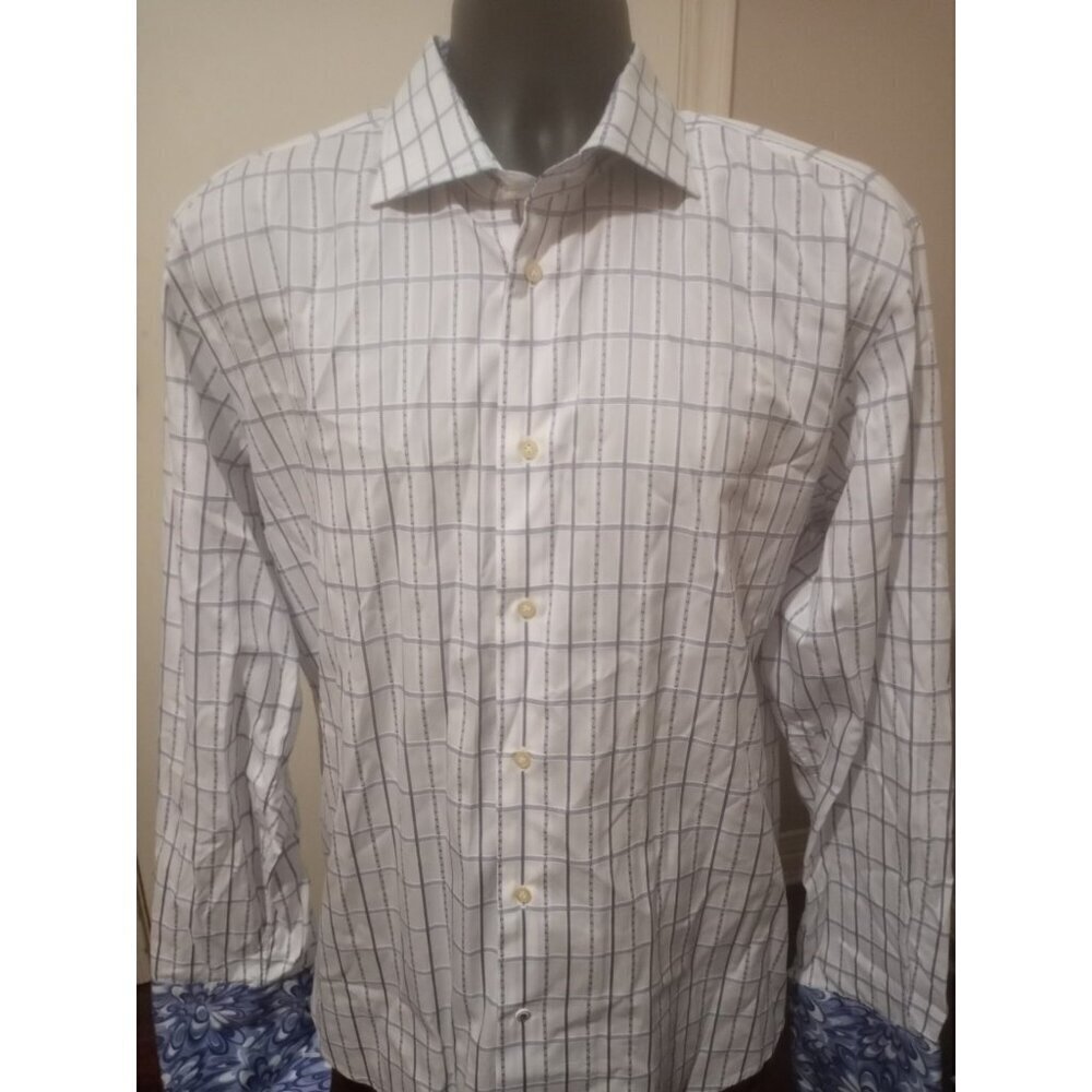 Robert Graham Dress Shirt Mens 17.5 44 (XL) Button Up French Cuff White Blue